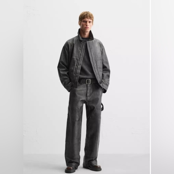 Zara Men Washed Effect Leather Jacket Oversized